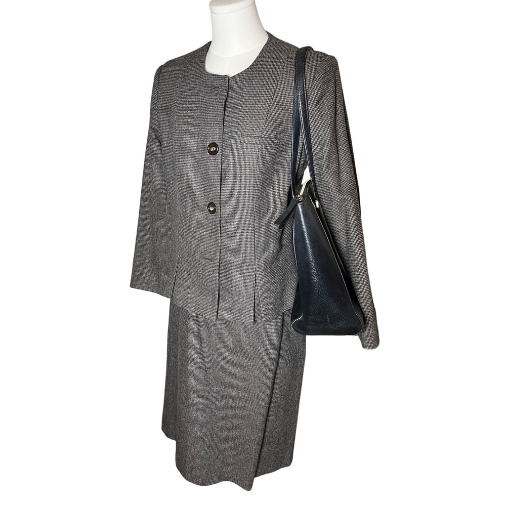 Quiet‎ Luxury Wool Blend Skirt Suit Gray Houndstooth Vintage Step by Step Sz 12 - Picture 16 of 16